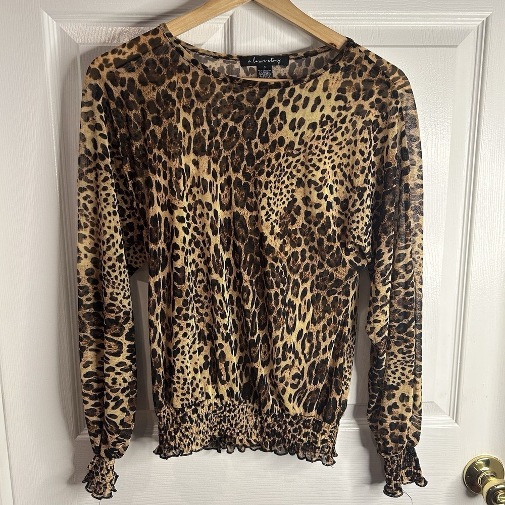 A Love Story Womens Top Animal Print Size S See Through Sheer Long Sleeves